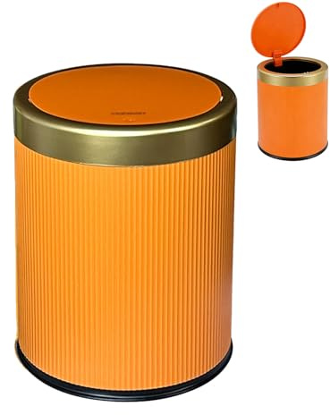 12L Bathroom Bin, Round Bedroom Bins with Press Top Lid, Wastbasket Garbage Trash Can Dog Proof Dustbin for Toilet Bathroom Bedroom Living Room Office Kitchen Household School (Orange)