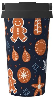 Mexpekil Insulated Coffee Cup Travel Mug with Leakproof Lid Fun Gingerbread Man Print Thermal Cups for Hot Drinks 500ml