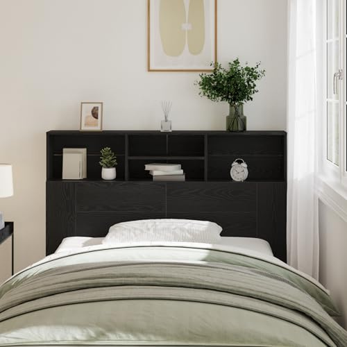 JHQHSM Kopfteil Schrank Schwarz Eiche Holzwerkstoff 140 x 19 x 103,5 cm mit offenen Regalen für Aufbewahrung, minimalistisches Design für Schlafzimmer, langlebiges Möbelstück