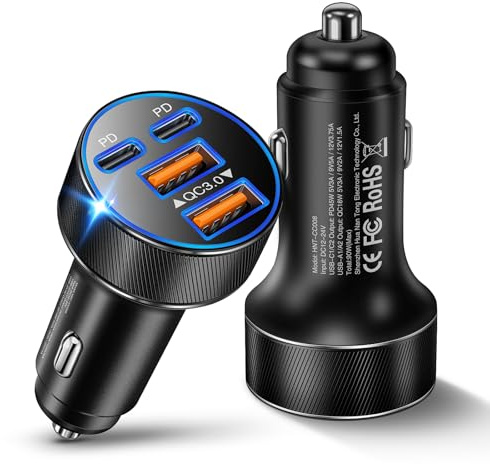 2-Pack Zigarettenanzünder USB C, 90W 4 in 1 Auto Ladegerät | PPS PD 45W, 12V/24V kfz Ladegerät, kompatibel für iPhone 17 16 15 14, Galaxy S26/S25/S24/S23, Pixel, Tablet