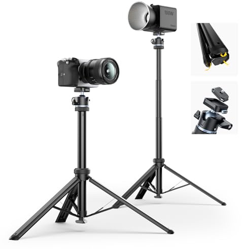 ULANZI MT93 Universelles 1/4'' Kamera Stativ Lichtstativ [Automatisch Ausklappend] 160cm Alu, Uka Schnellwechsel, 360° Kugelkopf, 5KG Traglast für Kamera, Licht, Livestream, Outdoor (Schwarz)