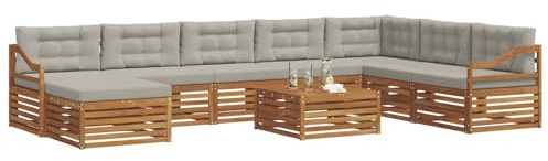 vidaXL Sofagarnituren 9 pcs Natürlich und Hellgrau Massivholz Akazie, Akazienholz Outdoor-Sofa-Set, modernes Gartenmöbel, Bequeme Liege, modulare Design, Poolbereich geeignet