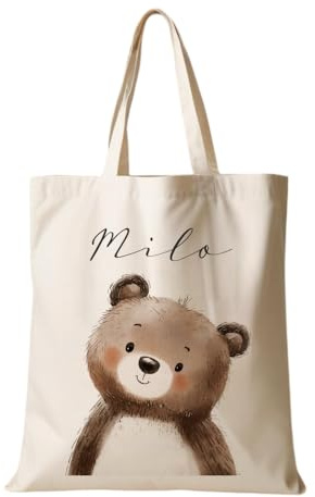 Personalisierter Stoffbeutel für Kinder mit Namen & Waldtier-Motiv | Beige Leinenoptik | Tasche für Kindergarten, Wechselwäsche & Sport | Geschenk zur Einschulung, Geburtstag & Ostern (Bär)