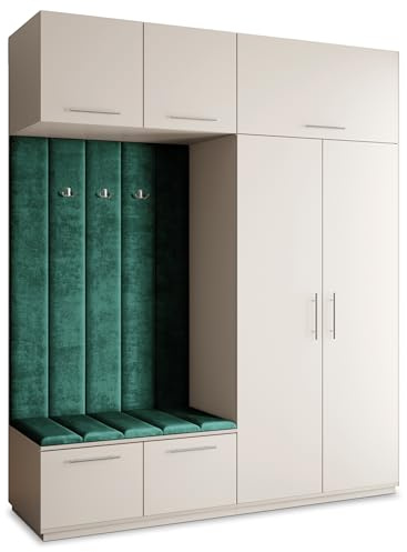 Masseno Flugarderoben Set Rema, Kleiderschrank-Set mit Sitzbank, Garderobenschrank Flur mit 5 Regalböden, Kaschmir