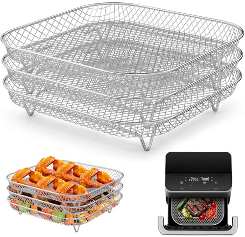 3Pcs Air Fryer Rack 304 Stainless Steel Square Stackable Air Fryer Accessories for 6-8QT Rustproof Heat Resistant Dishwasher Safe Airfryer Racks Air Fryer Baskets