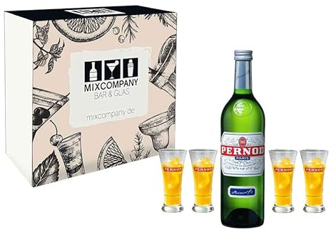 Pernod Geschenkset - Pernod 0,7l 700ml (40% Vol) + 4x Gläser 2cl geeicht