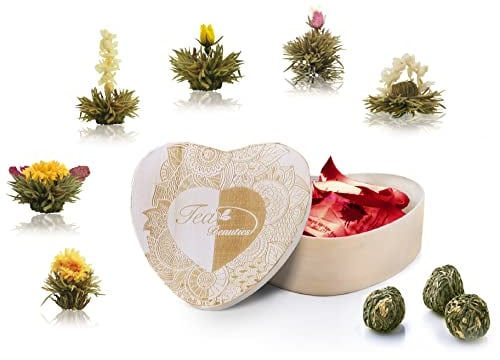 Creano Blooming Tea Gift Set in Heart Shaped Wooden Box with Engraving - 6pcs Flowering Tea - Withe Tea