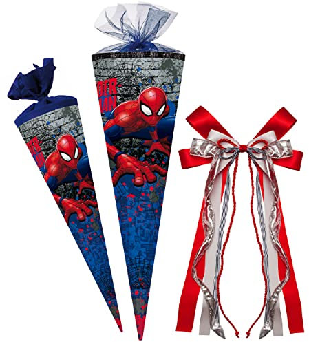 Schultüte - Spider-Man/Spiderman - 85 cm - eckig - incl. große 3-D Effekt Schleife - Tüllabschluß - Zuckertüte - mit/ohne Kunststoff Spitze - Nestle..