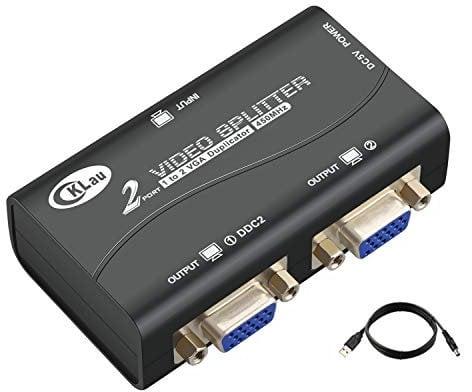 CKLau VGA Splitter 2 Port 450MHz Bandwidth Amplifier Box 1 PC to 2 Monitors SVGA Video Splitter Support 2048 x 1536 Resolution up to 164ft for Screen Duplication