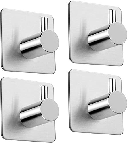 Koksi No Drill Hooks Stainless Steel Self-Adhesive Hanger, Use in Kitchens, Bathrooms, Hallways for Coats, Towels, Hats, Robes (4 Single Hooks)