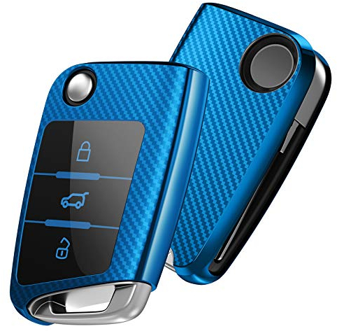 OATSBASF Autoschlüssel Hülle VW, VW Golf 7 Schlüsselhülle, Schlüsselbox Cover für VW Polo, Skoda, Tiguan, MK7 3-Tasten (Blau-Streifen)
