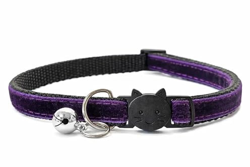 Velvet Cat Collars with Bell | Quick Safety Release Breakaway Buckle | Handmade in the UK | Available in Cat & Kitten Size | Deep Purple Velvet