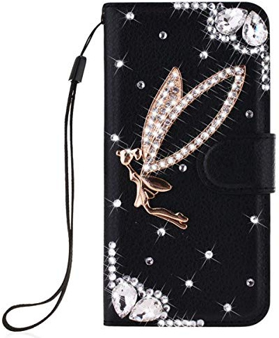 Awenroy Glitter Wallet Case for iPhone 12 / iPhone 12 Pro Luxury Bling Rhinestones Diamonds Pattern and PU Leather Magnetic Flip Cover with Card Slots Holders Wallet Case - Black
