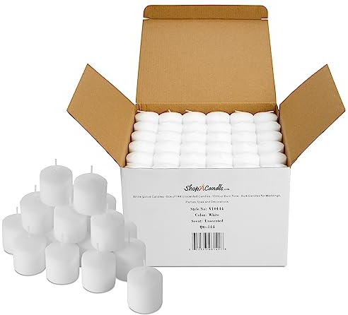 Bulk Pack of 144 White Votive Candles - Box of 144 Unscented Candles - 10 Hour Burn Time - Bulk Candles for Weddings, Parties, Spas and Decorations
