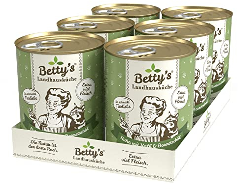 Betty's Landhausküche Dose Nassfutter Katze, getreidefrei, beste Qualität, hochwertiges Fleisch, schonend gegart, für alle Katzenrassen geeignet, Huhn & Kalb mit Borretschöl 6 x 400g
