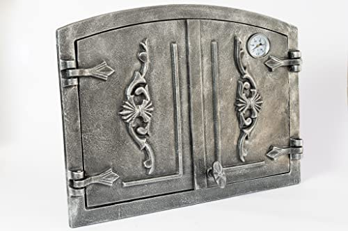 SEZAM cast iron double smoker door with thermometer 500 °C, with door latch, semicircular, door for smoker - oven door - stone oven door, 41 x 4 x 55 cm, painted antique silver