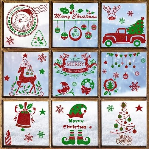 ENYACOS Fenstersticker Weihnachten, PVC Fensteraufkleber mit Schneeflocken, Winterlich, Glänzend, Rot, 9 Blätter, für Glas, Keramik, Metall, Kunststoff, Holz, Türen, Auto