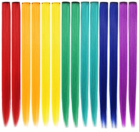 MQY COLOR Farben Haarverlängerungen Clip in,Multi-Colors Haarteile Farbige Party Highlights DIY Haarschmuck Extensions 21 Zoll langes Haar für Mädchen Frauen 14 Stück (Regenbogen)