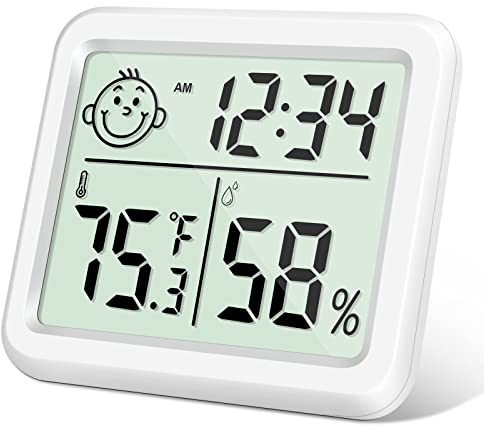 Flintronic Thermometer Hygrometer Innen, Mini LCD Anzeige Von Zeit Temperatur, Emoticon-anzeige Luftfeuchtigkeitsmesser für Den Innenbereich, Zuhause, Büro, Schule, Hotel und Gewächshaus(8 x 7CM)