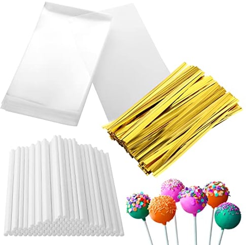 300Pcs Cake Pop Sticks and Bags Kit, 100Pcs Lollipop Sticks 100Pcs Cake Pop Bags and 100Pcs Gold Twist Ties Lollipop Making Tools for Crafts Making Lollipop Candy Chocolate Cookie Wrappers