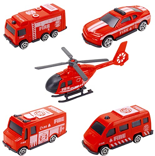 Mini Feuerwehrauto Spielzeug für Geburtstag Kuchen Dekoration, Waldspring Kuchen Figuren Feuerwehrauto Tortendeko DIY Ornament, 5pcs Feuerwehrauto Tortendeko Set