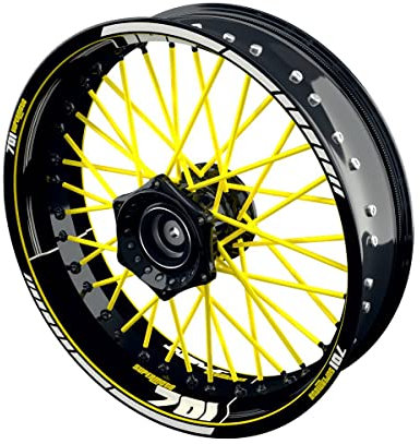 One-Wheel, Premium Felgenaufkleber passend für Husqvarna 701 Supermoto, Motiv: 701 Scratched, Felgenrandaufkleber GP, Wheelsticker Motorrad, Farbe gelb