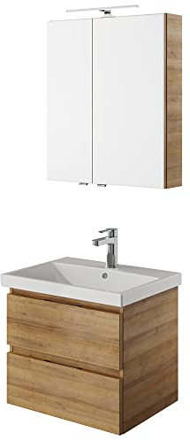 Lomadox Bad Waschplatz Set, grifflos, in Riviera Eiche Nb., B/H/T ca. 60/200/45 cm