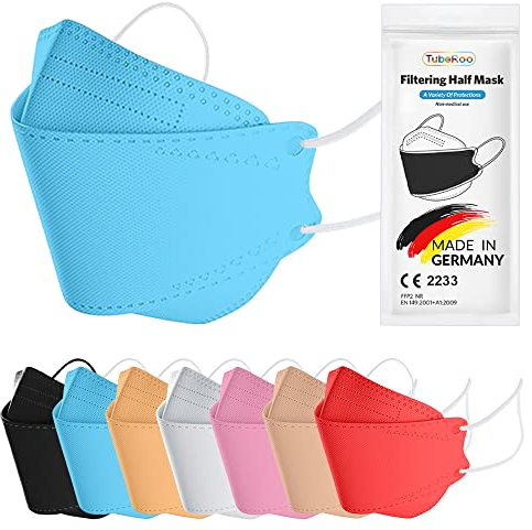 TubeRoo FFP2 Maske MHD 04.2025 blau hellblau Fischform 100 Stück Masken, Made in Germany, Versand aus Deutschland, weiche Ohrschlaufen Bänder, Atemschutzmaske