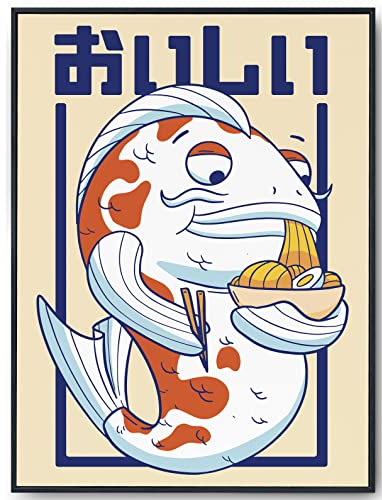 JOPRICO Koi Poster - Koi isst Ramen - Japan Poster retro - japanische Deko Küche - vintage Kunstdruck