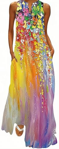 Ocean Plus Femmes Jupe Longue sans Manches Col V Robe Florale Imprimée Maxi Robe sans Manches avec Col en V (XXL, Peinture à l'huile Multicolore)