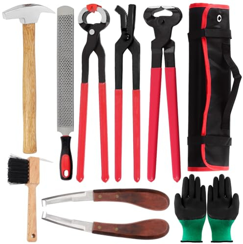Keadic Kit de 10 herramientas para pezuñas de herrador con paquete de rollo, incluye alicates de corte de zapatos de caballo, raspa de lima 4 en 1, cepillo de herradura, recortadora de pezuñas de