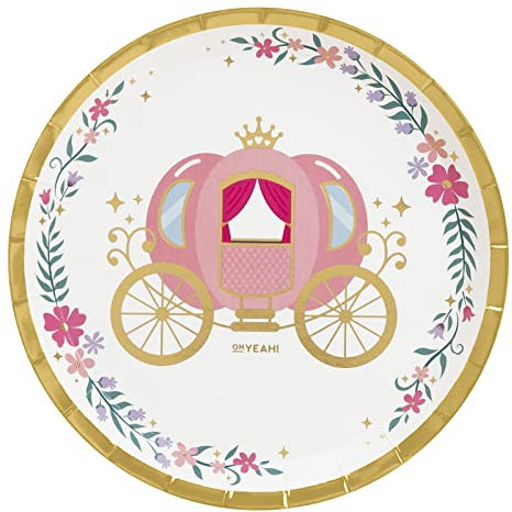 Lot de 8 assiettes à dessert en carton jetable de Ø 17 cm sur le thème de la princesse, décoration de fête princesse, décoration de table princesse.