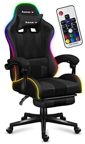huzaro Force 4.7 RGB Mesh | LED Beleuchtung Gaming Stuhl Bürostuhl Computerstuhl | 90-140° Neigungswinkel Kopfstütze Lendenkissen Höhenverstellbar Fußstütze | 140 kg belastbar | Stoff | Schwarz