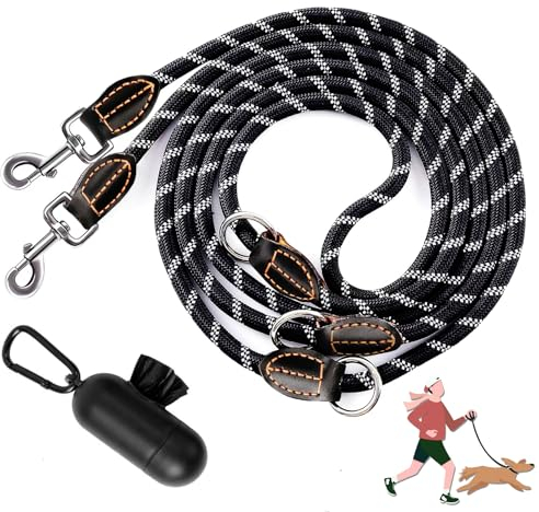 Hundeleine für Große und Mittelgroße Hund(15-60 kg), 3.4m Verstellbare Doppelleine & Freihandleine aus Nylon mit Reflektierend durch die,Abfallbeutelausgabe,Extreme Kraft bis 200 kg