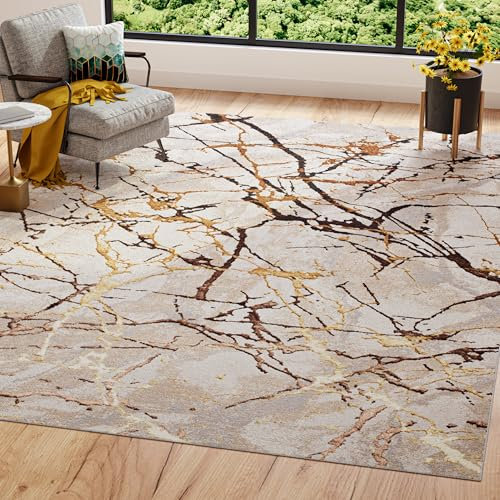 TAPISO Golden Teppich Kurzflor Wohnzimmer Schlafzimmer Luxuriös Creme Gold Braun Linien Abstrakt Meliert Verwischt Modern Design ÖKOTEX 200 x 300 cm