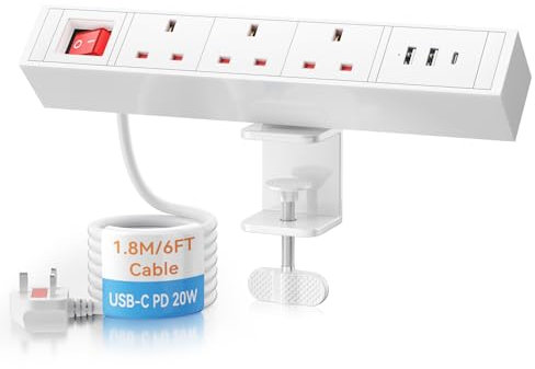 Extension Lead 3 Way Power Strip USB C PD 20W, Ohuo Desktop Power Sockets with USB C and USB A Ports, Desk Power Socket White