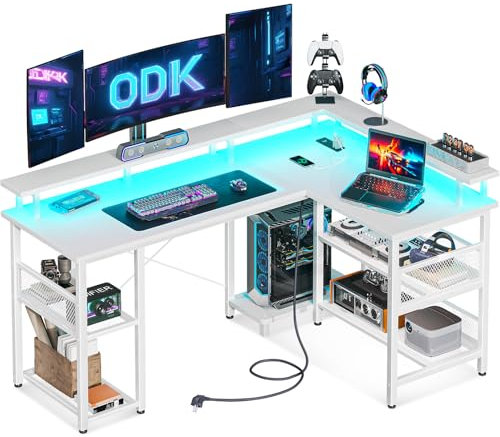 ODK L Shaped Gaming Desk with LED Lights & Power Outlets, 150×102cm Reversible Corner Desk with Storage Shelves, Computer Desks with Monitor Stand, White