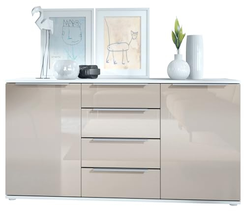 Sideboard Linio V1, Anrichte mit 2 Türen und 4 Schubladen, Weiß matt/Sandgrau Hochglanz (138,5 x 75,5 x 35 cm)