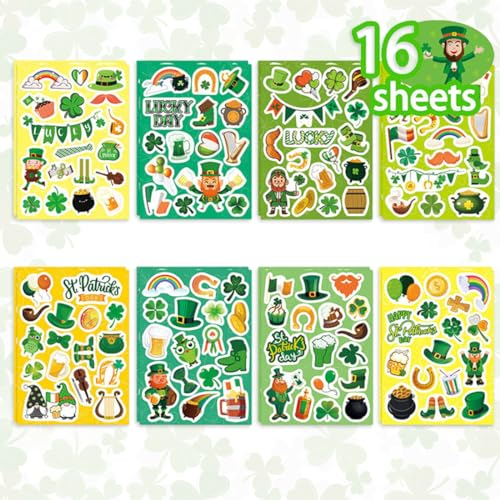 INGJIA 16 Pcs Glückliche St. Patrick's Day-Aufkleber, wasserfest, Irland-Motive, grüne Designs, Kinderaufkleber zum Basteln, für Wasserflaschen, Geschenke, für Umschlag Geschenktüten Papiertüten
