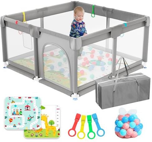 JUPPLIES Parque Infantil Bebe 120x120cm + Alfombra Bebe + 50 Bolas + Agarraderas + Bolsas de Transporte – Corralito Bebe con Malla Transpirable – Parque de Juegos Bebe – Playpen Bebe - (Gris)