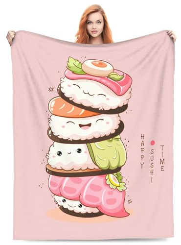 VODRM Süße Sushi-Decke, rosa japanische Lebensmittel, Kawaii-Rolle, lächelnde Gesichter, Überwurf, Decken, Geschenke für Kinder und Erwachsene, leicht, weiches Fleece, gemütlich für Sofa, Couch,