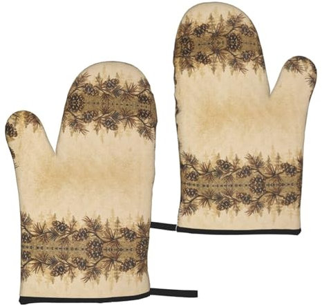 Tannenzapfen-Bordüre, Isolationshandschuhe (2-teiliges Set), Mikrowellen-Ofenhandschuhe zum Grillen, Kochen und Backen