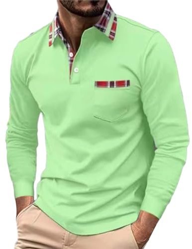 Polo Shirt Men's Business Non-Iron Tops with V-Neck Men's Tops Long Sleeve Tops Button Cotton Sports Shirt Regular Casual Shirt Plaid Golf Polo Shirt T-Shirt Casual Polo Shirt, Green, 3XL