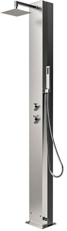 IDEAL Solardusche TRINIDAD mit Edelstahlfront Edelstahl V2A poliert | Aluminium Wassertank 25 l | Kopf und Handduschfunktion | Unterseitiger Anschluss für Gardena- oder Flexschlauch 1,5 Zoll