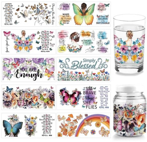 arricraft 10 Blatt UV DTF Cup Wrap, 10 Stile Bunte Schmetterlings-Frauenflügel-Abziehbilder Aus PVC, Wasserfeste Abziehbilder Zum Selbermachen, 16 Unzen, Glas, Tassen, Möbel, Holz