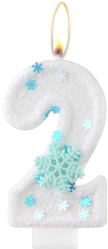 White Snowflake Number 2 Candle, Glitter 2nd Birthday Cake Topper, White Frozen Number Candle, SnowflakeThemed Party Decoration Topper for Girls