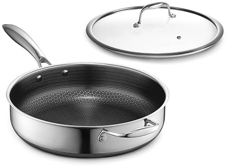 HexClad Sartén Híbrida Antiadherente Profunda de 4.5 Litros con Tapa de Vidrio Templado, Apta para Lavavajillas, Horno e Inducción, Compatible con todas las Estufas