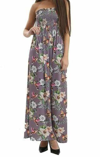 Ladies Summer Wear Bandeau Neck Printed Maxi Sleeveless Long Casual Dress Womens Street Fashion Plus Size Floral Print Outfit Boobtube Sheering Maxi Dress (Purple Floral UK 20-22)