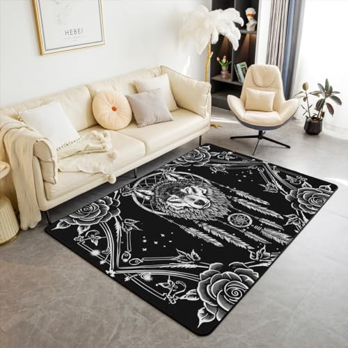 Bohemian Wolf Decorative Tapis D'Appoint 100x150,Dream Catcher Decorative Tapis Sol pour Garçon Fille Adult,Gris Noir Rose Motif Tapis Intérieur et Extérieur Western Gothique Tapis Salon Chambre Decor