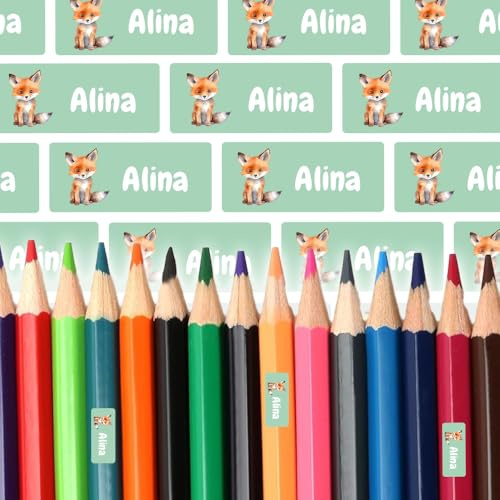 Namensaufkleber für Stifte & Lineal (125 Sticker) – Aufkleber mit Name und Fuchs für Schulstifte oder Geodreieck – Ideal für Schule und Kindergarten – Spülmaschinenfest, 30 x 13 mm